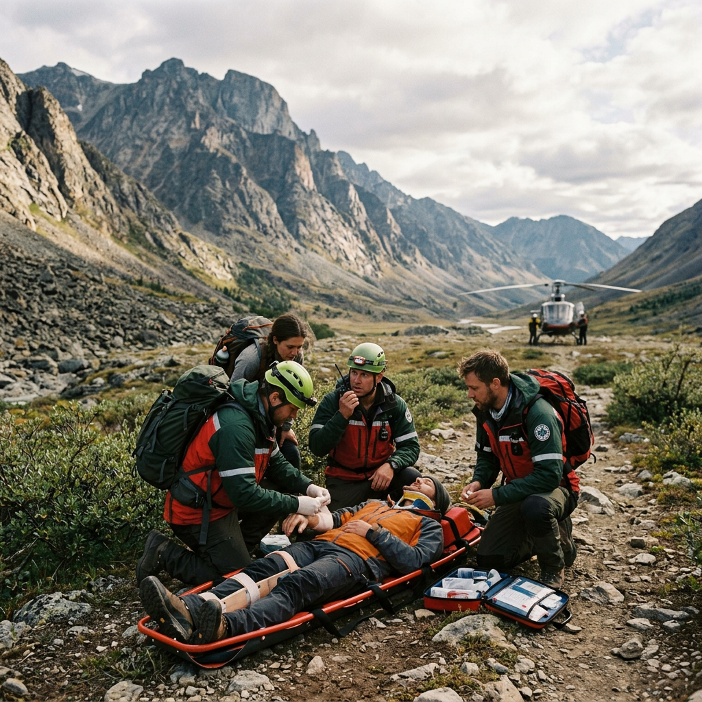 Four rescue workers attending to an injured hiker on a stretcher in mountainous terrain with a helicopter in the background